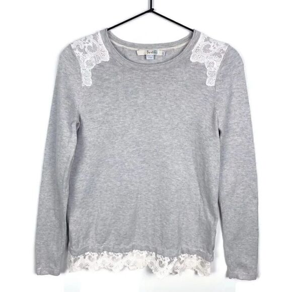 Boden Sweaters - Boden Lace Embellished Sweater Cotton Gray White Long Sleeve Crew Neck 2